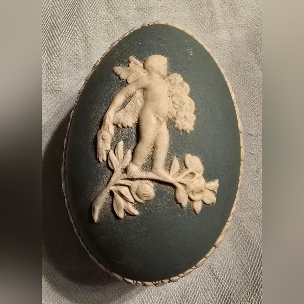 Rare Green Color Jasperware Wedgwood Egg Trinket Box